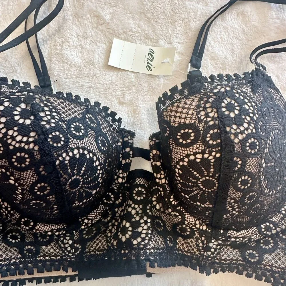 NWT Aerie Black and Cream Floral Lace Balconette Bra - 36B - Image 2