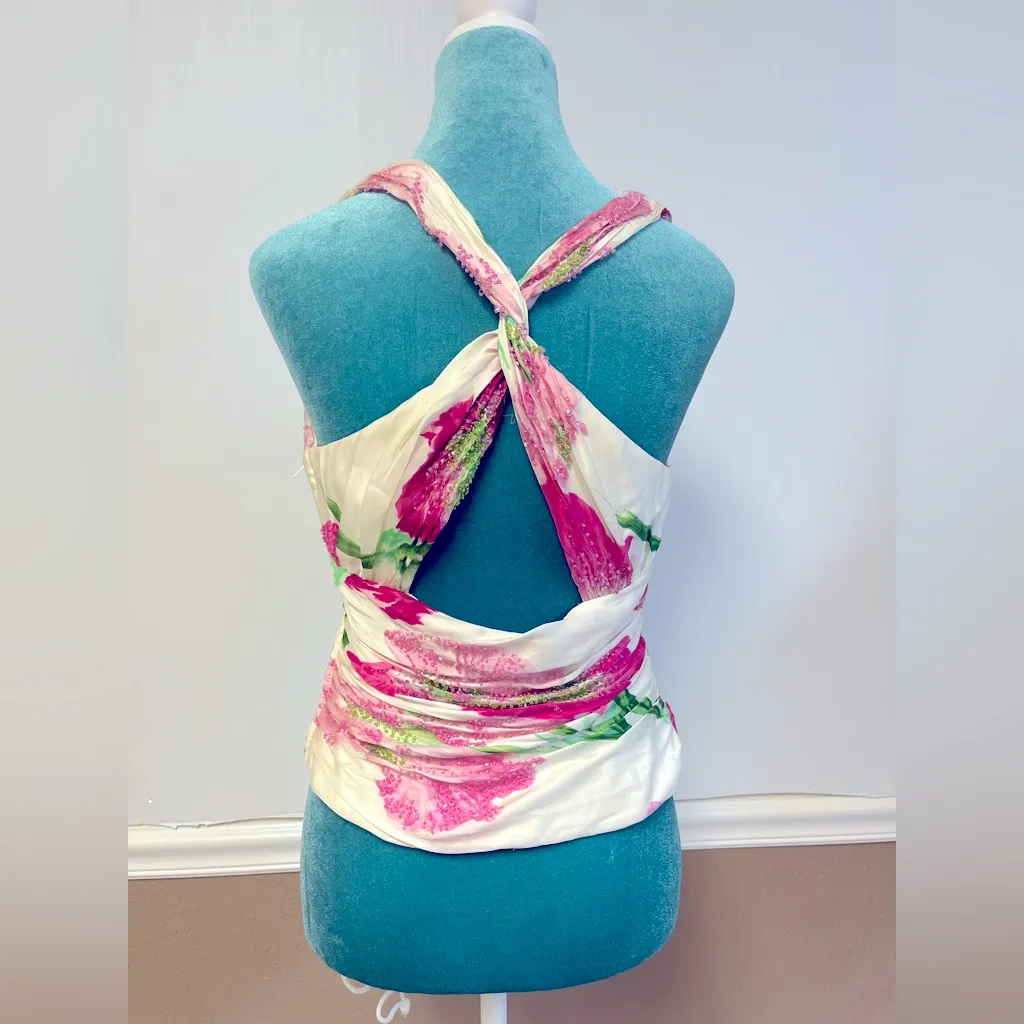 Vintage 90s Carmen Marc Valvo Beaded Silk Top w/ Twist Back – Size 8 - Image 10