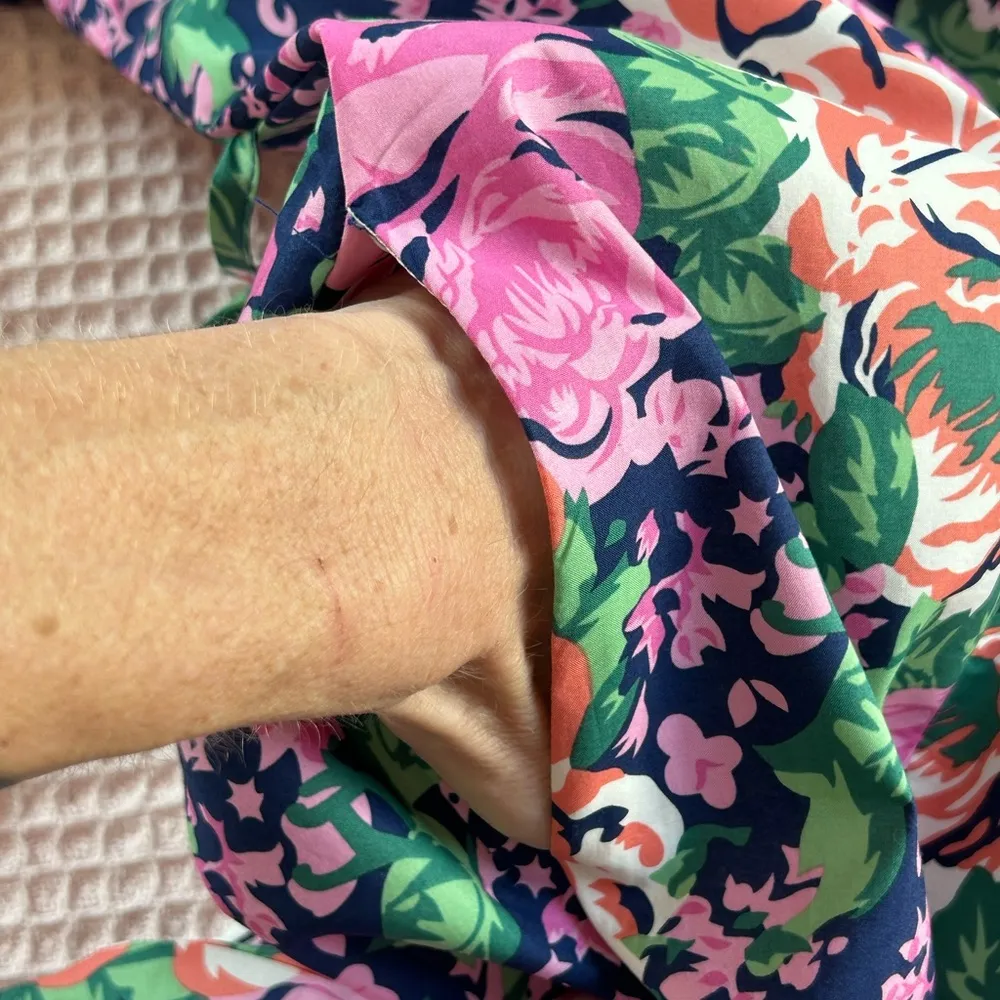 Melloday floral large puffsleeve round neck tie back poplin dress pockets NWT XS - Image 4