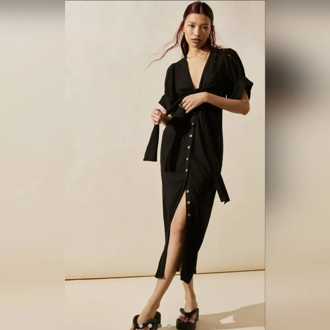 Free People Vintage Summer Midi Dress Tie Front Button down Black Size Large - Image 5