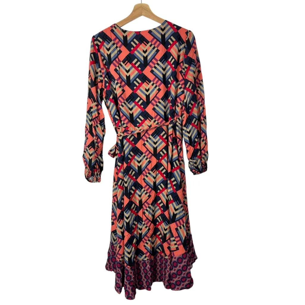 Anthropologie Porridge Amity Pink & Blue Colorful Long Sleeve Wrap Dress M - Image 4