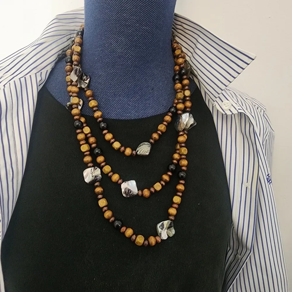 Wood with Abalone and Stone Long Bead Necklace Black - Image 7