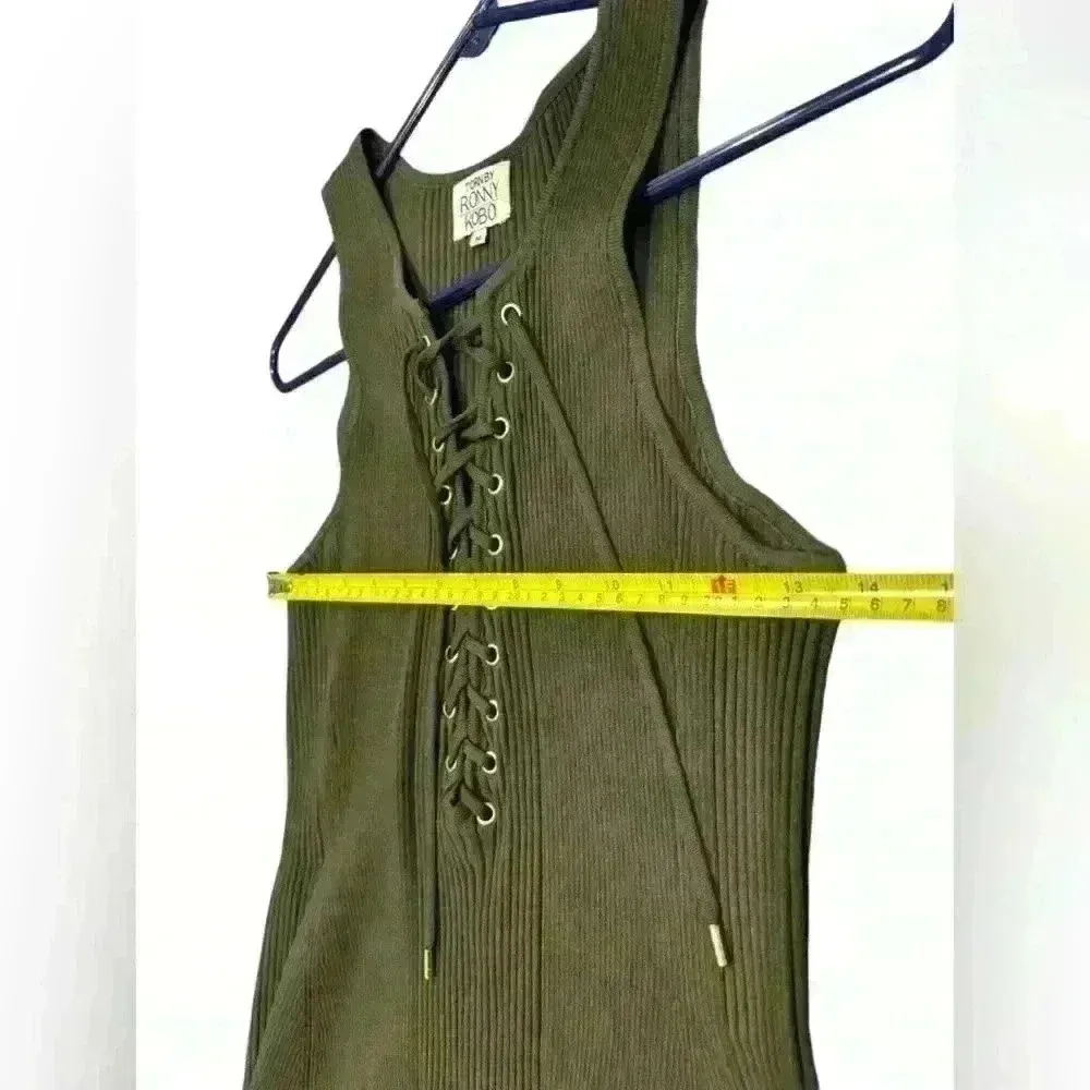 TORN BY RONNY KOBO Medium LACE UP TEXTURED FIT AND FLARE SLEEVELESS DRESS OLIVE - Image 9