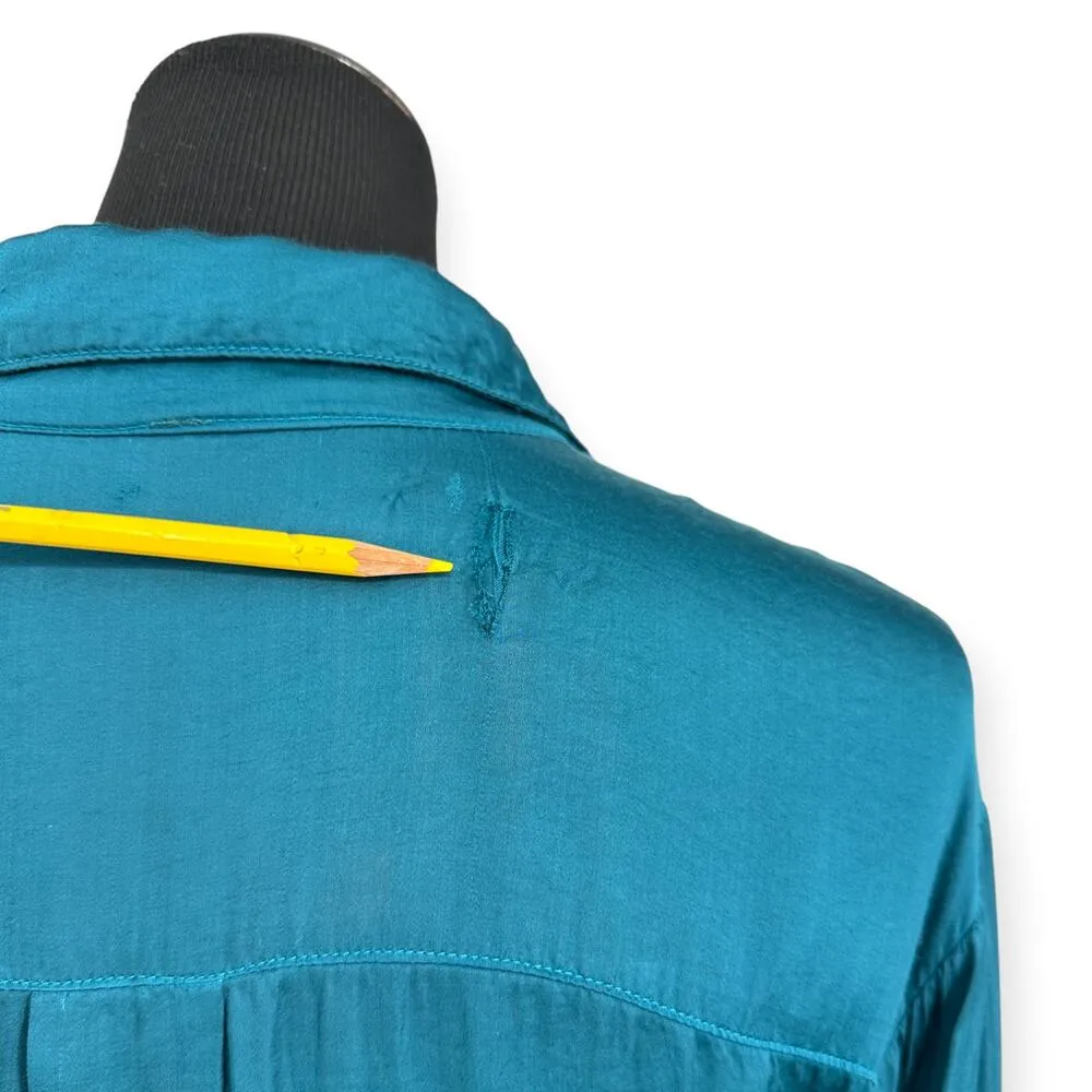 YFB | Medium | Deep Teal Asymmetric Hem Ruched Satin Faux Wrap AIMEE Shirt Dress - Image 11