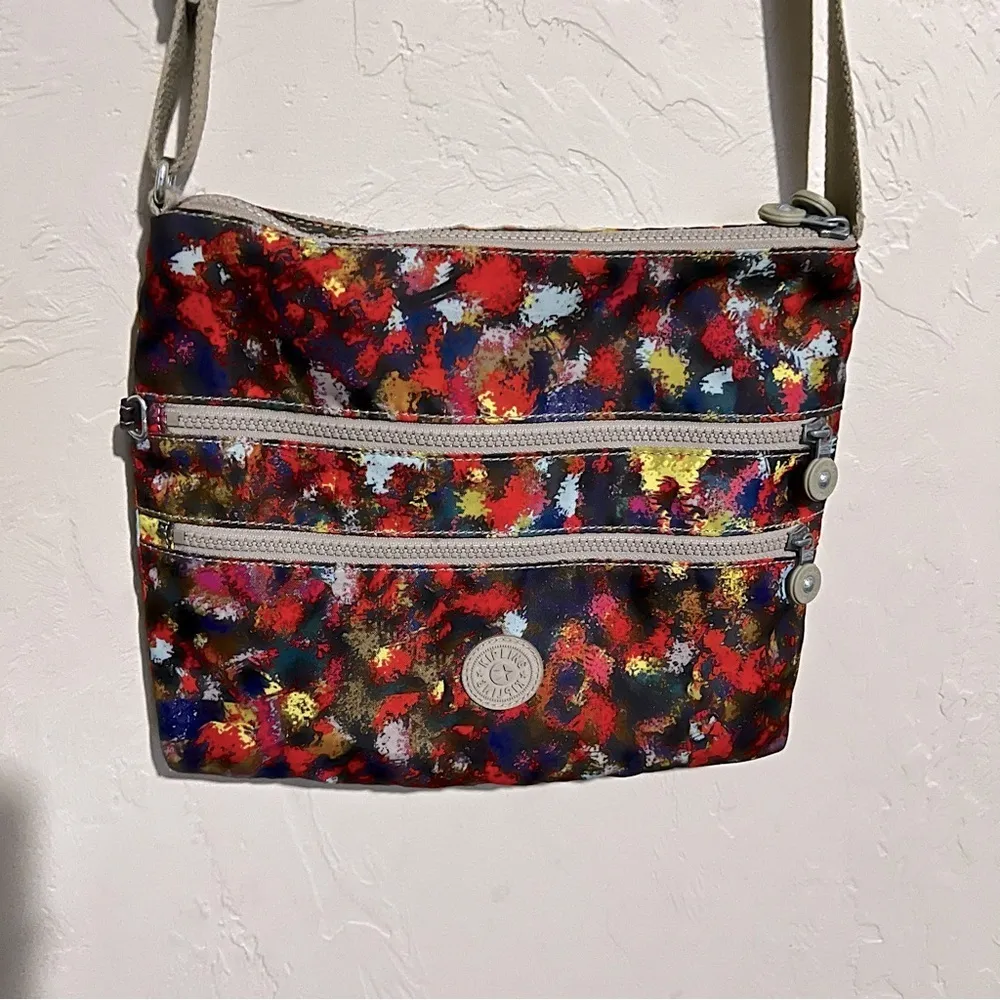 Kipling Alvar Abstract Art Splatter Paint Colorful Multi Pocket Crossbody Purse - Image 3