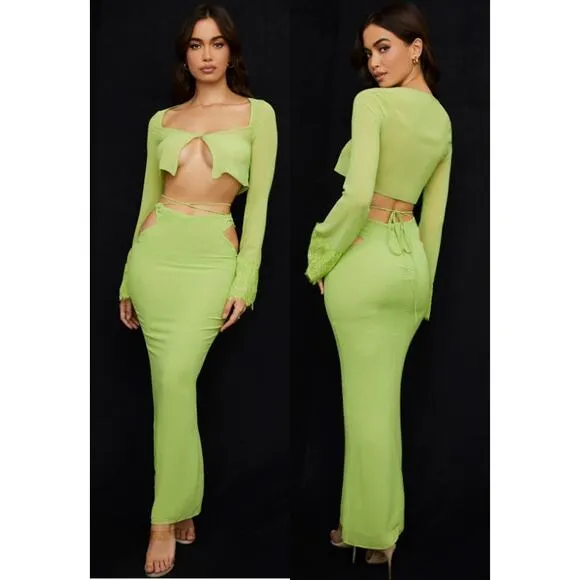 House of CB Tara Georgette Cropped Top & Madeline Maxi Skirt Lime Green Set XS - Image 2