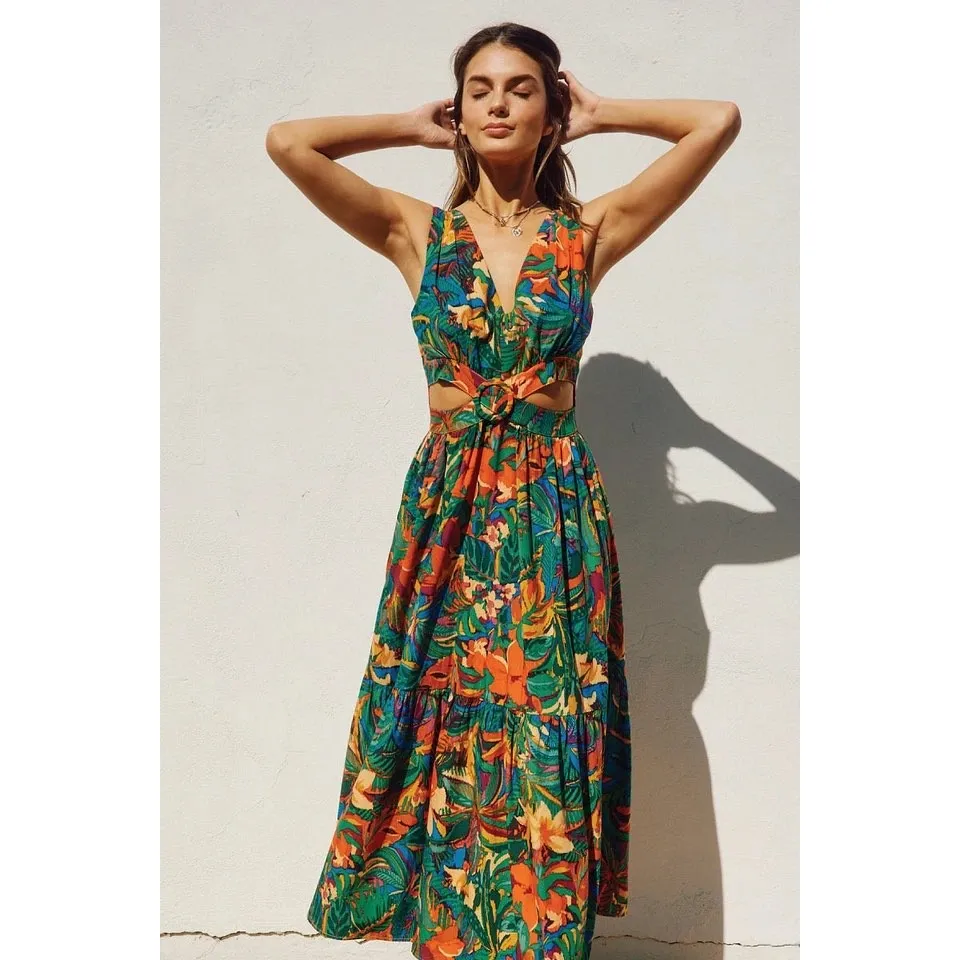 Dress Forum Tropical Floral Cutout Maxi Dress Tie Back Smocked Waist Size L - Image 2