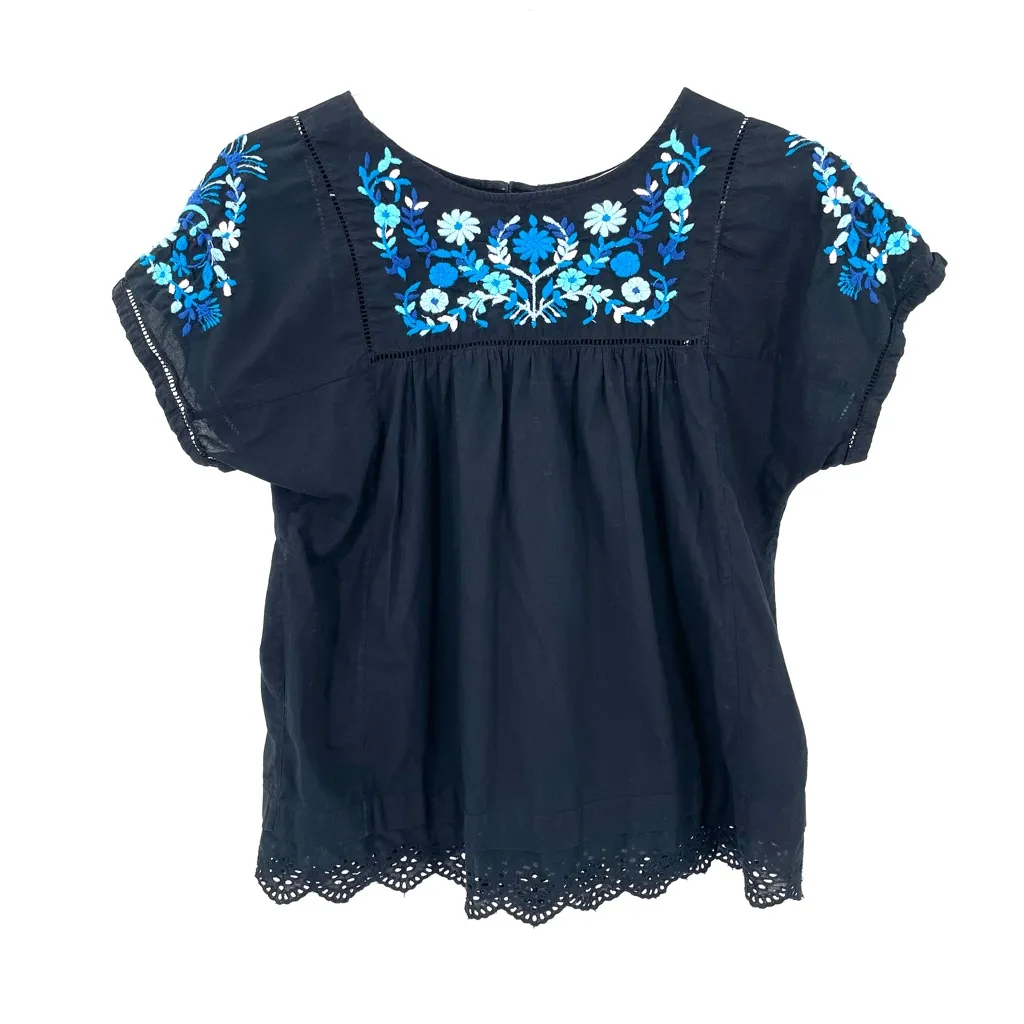 Rebecca Taylor Folk Garden Boho Embroidery Scallop Hem Short Sleeve Blouse Top - Image 2