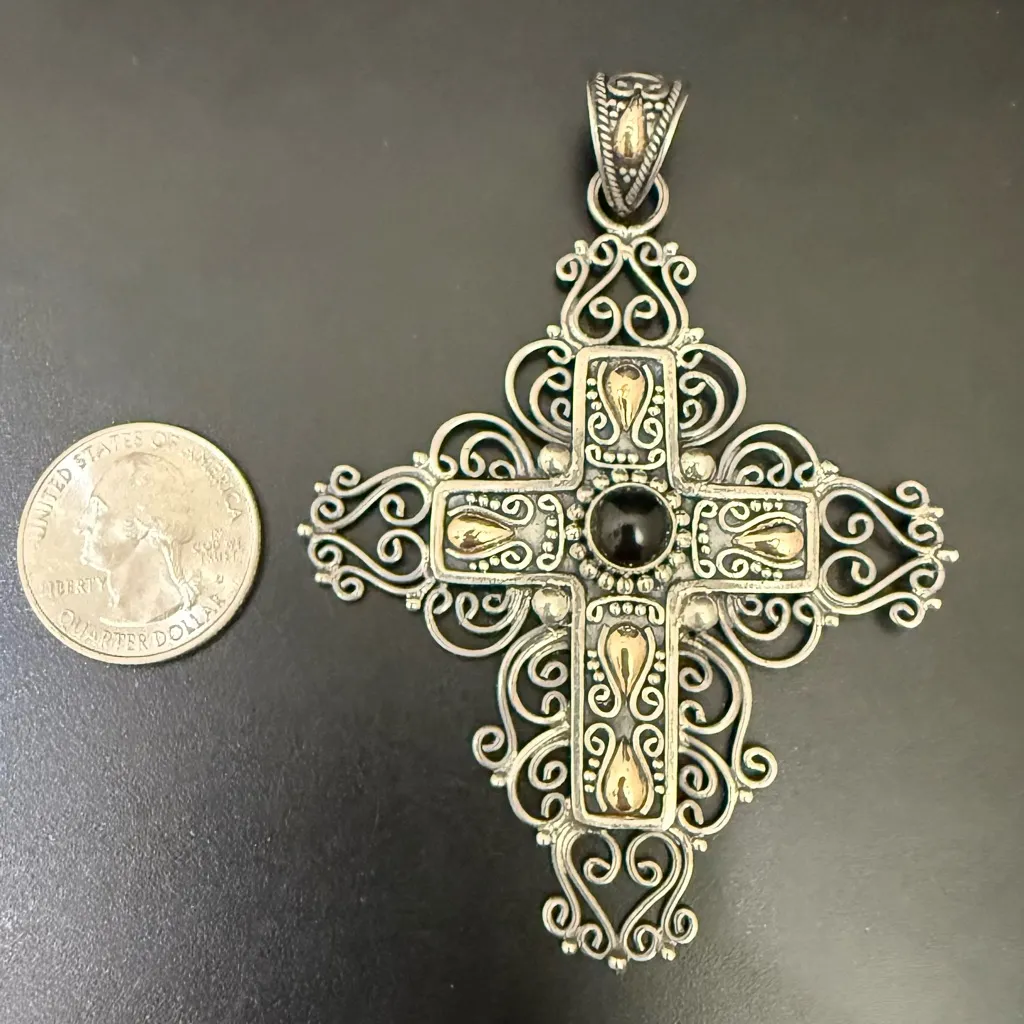 Signed 925 BA 18K Indonesia Sterling Silver Onyx Filigree Cross Pendant 21.8g. - Image 3