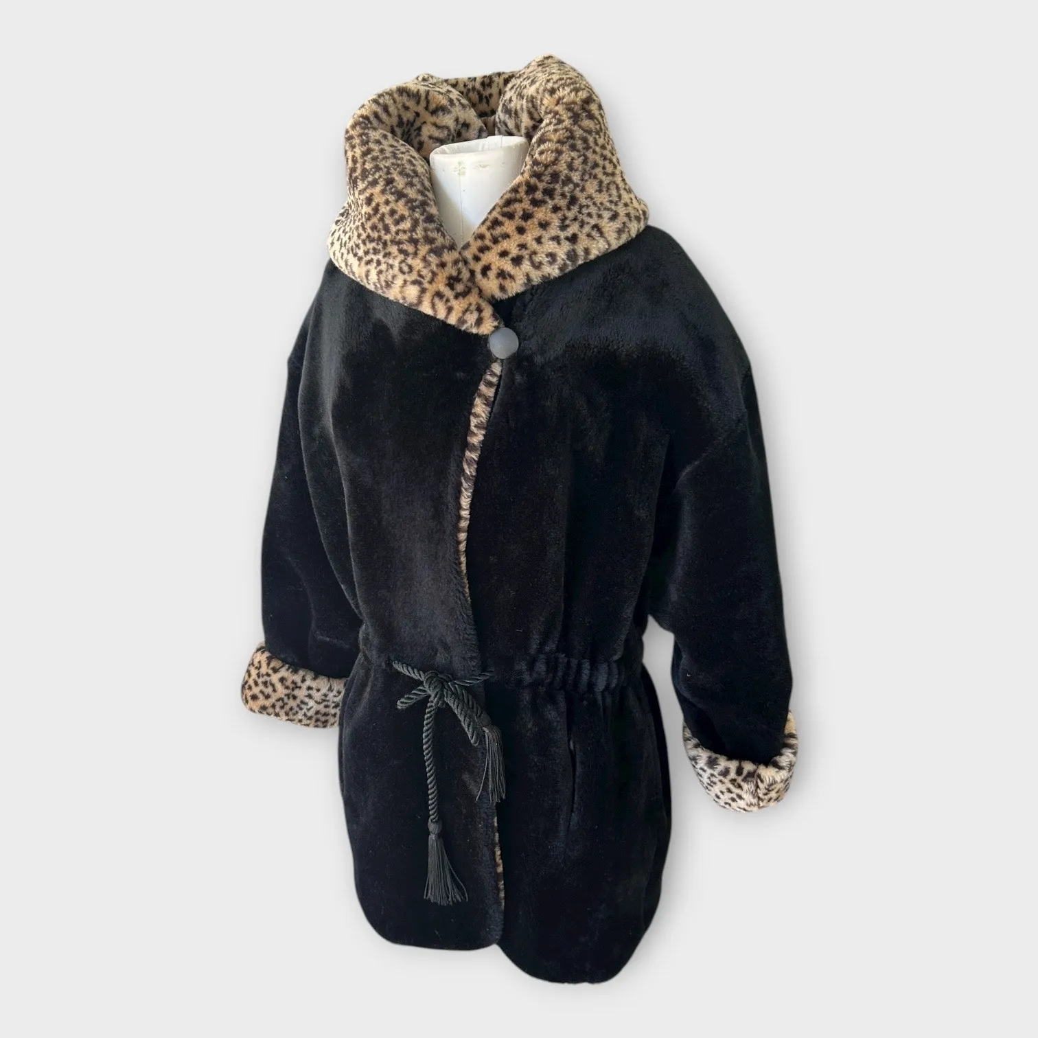 Vintage Monterey Fashions Faux Fur Coat Leopard Print Black Belted Women’s Large - Image 13