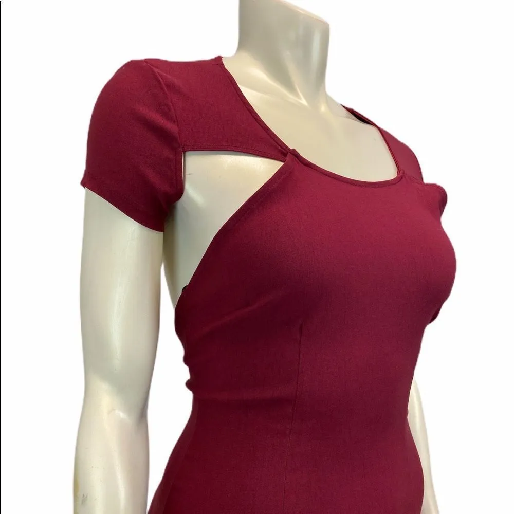 NASTY GAL Medium Bodycon Zip Back Club Party Wear Maroon Cut Out Back Mini Dress - Image 3