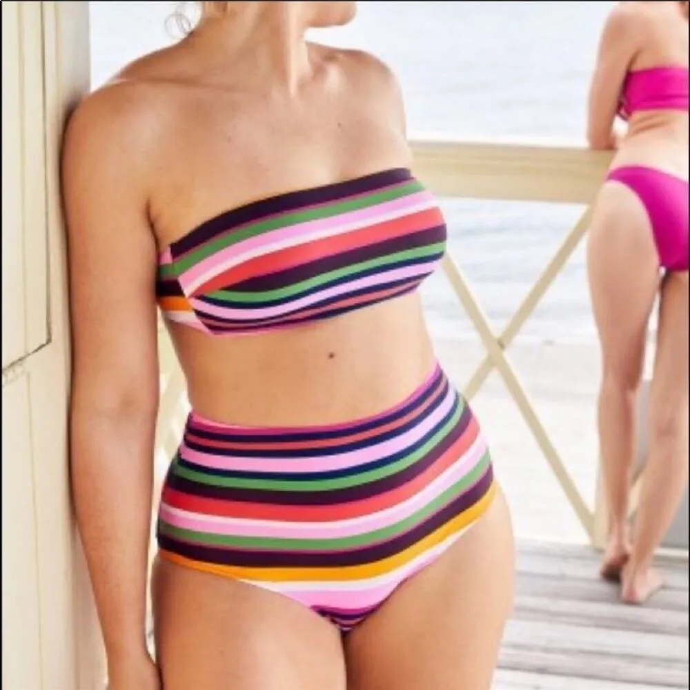 High Waisted Contrast Stripe Bikini Bottoms Size XS Swimsuit Pink Summer - Image 2