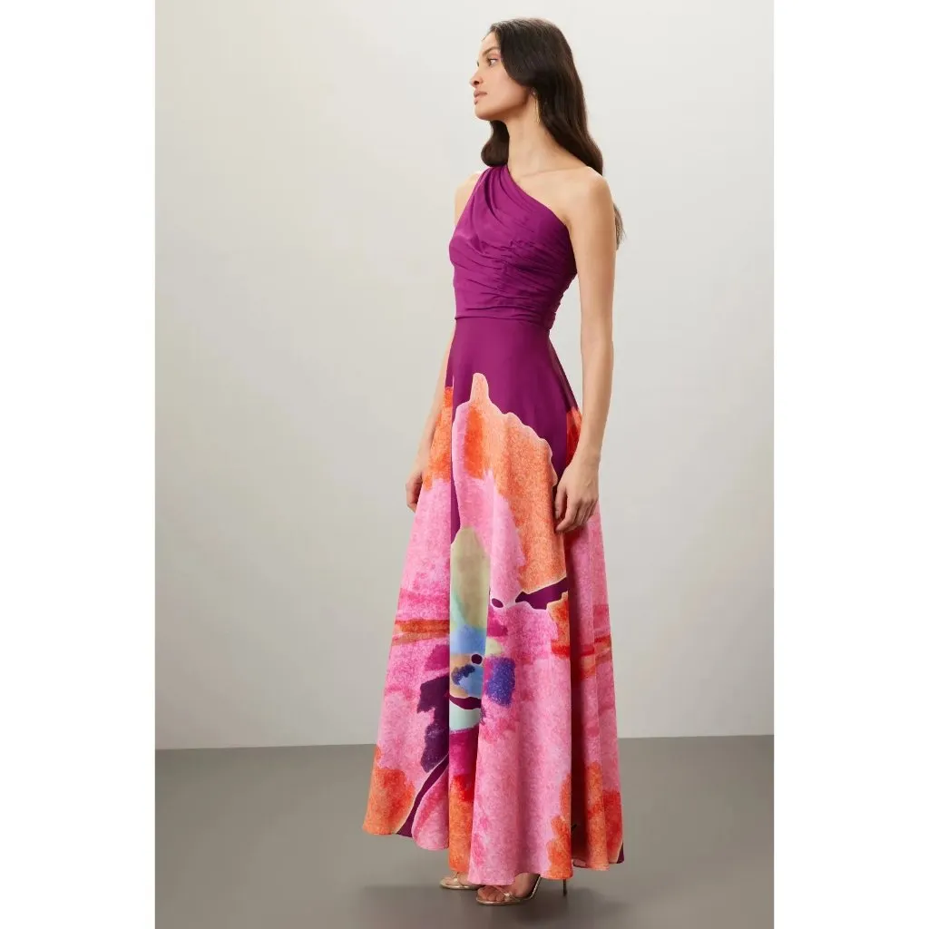 AMUR Atlas Painterly One Shoulder Floral Evening Gown Purple Womens Size 4 Pink - Image 3