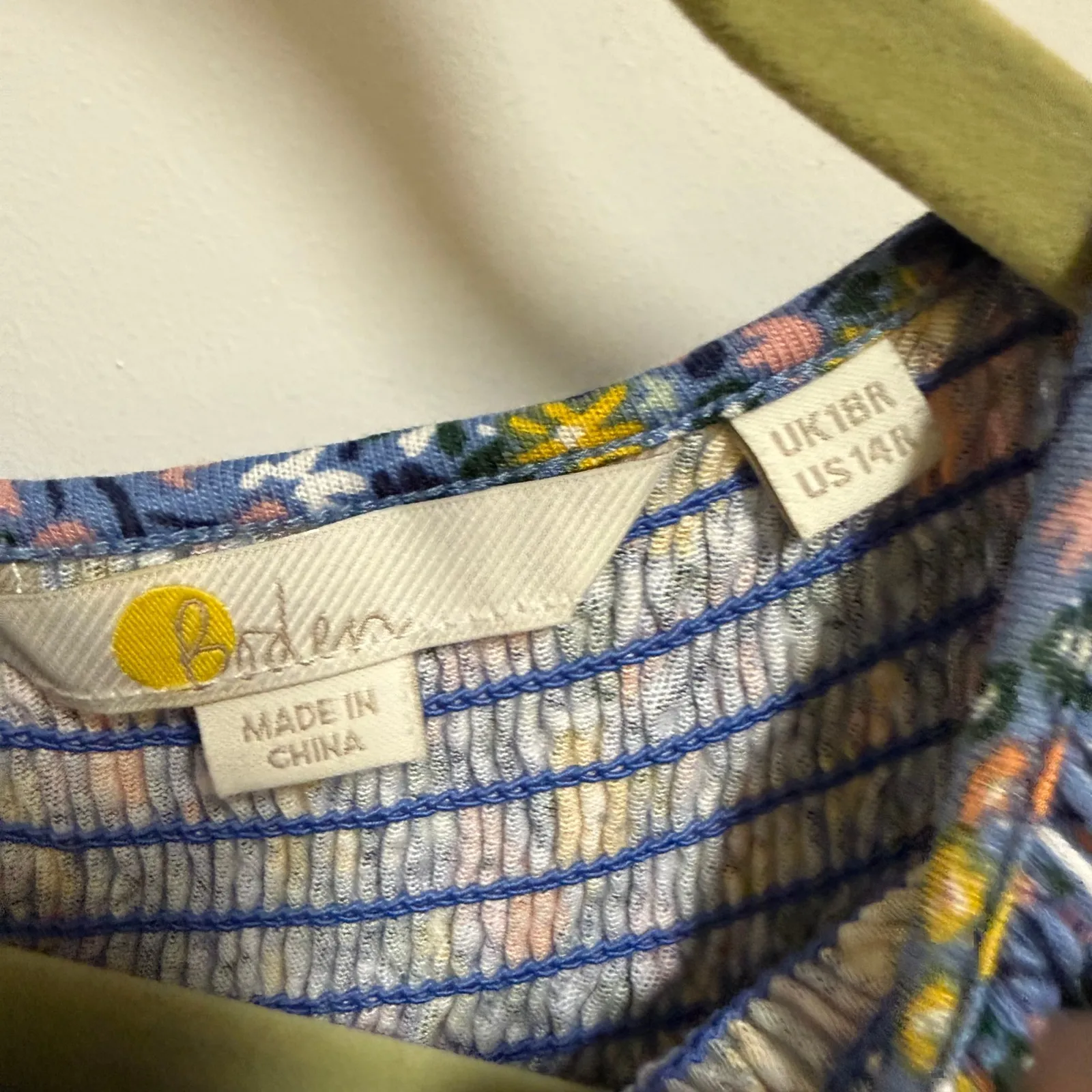 Boden Floral Midi Dress Ruffle Neck Short Sleeve Belted Blue‎ Smocked Yoke 14 R Blue - Image 7