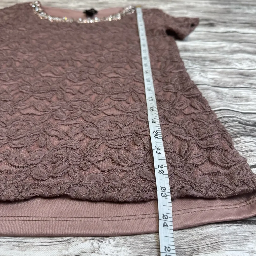 la vanya Women's Lace Overlay Jeweled Neck Tee T Shirt S SM Small Purple Stretch - Image 9