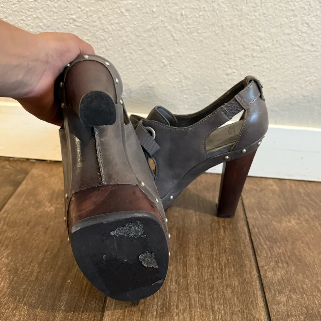 UGG Celestina Grey Leather Platform Women Heels Size 7 - Image 5