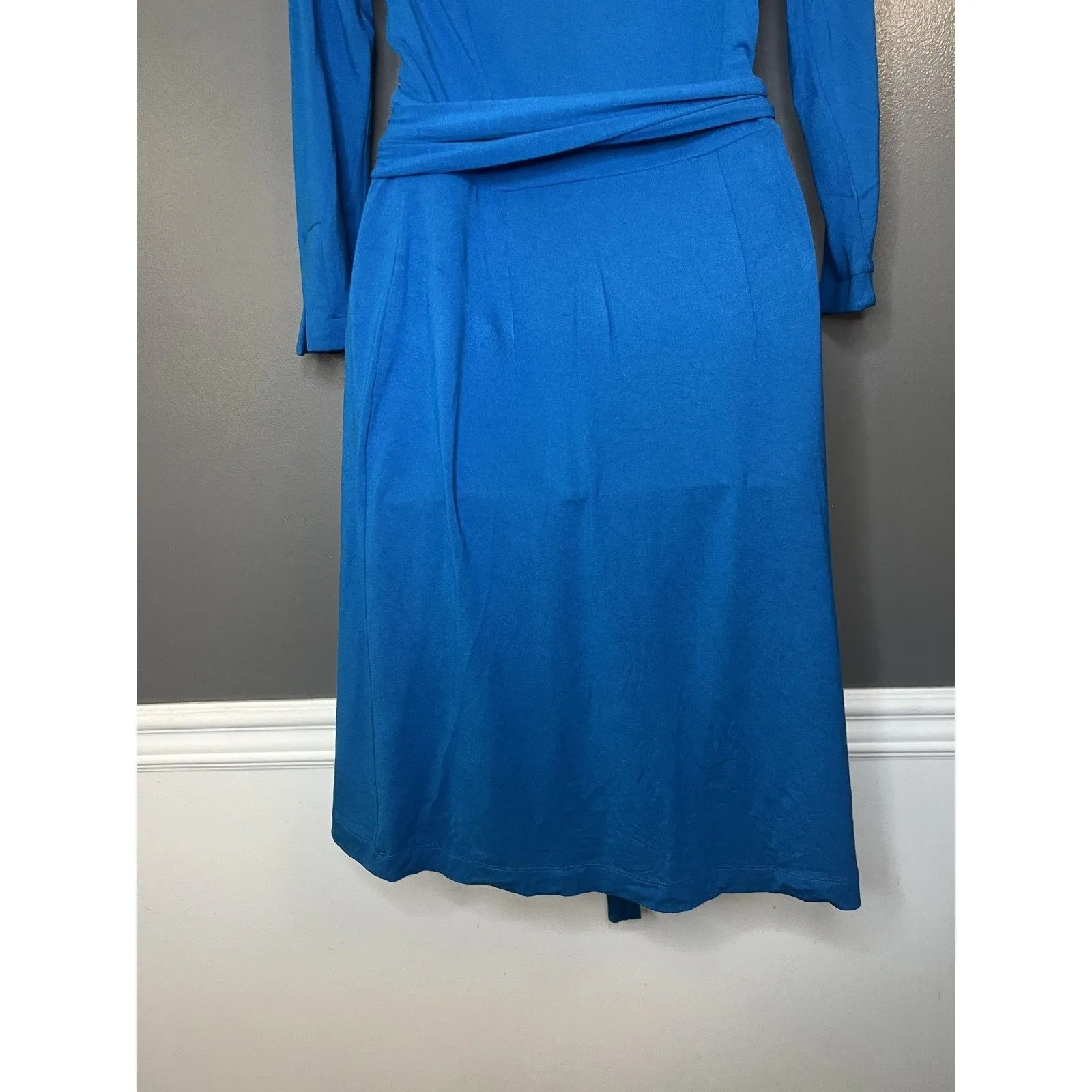 Ann Taylor Dress Womens 00 Blue Wrap Long Sleeve Jersey Knit Knee Length Work - Image 9