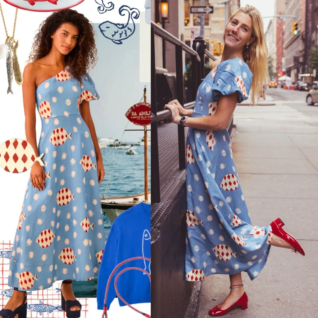 Hunter Bell Carmen One-Shoulder Linen Midi Dress Fish Print Size 0 NWT - Image 11