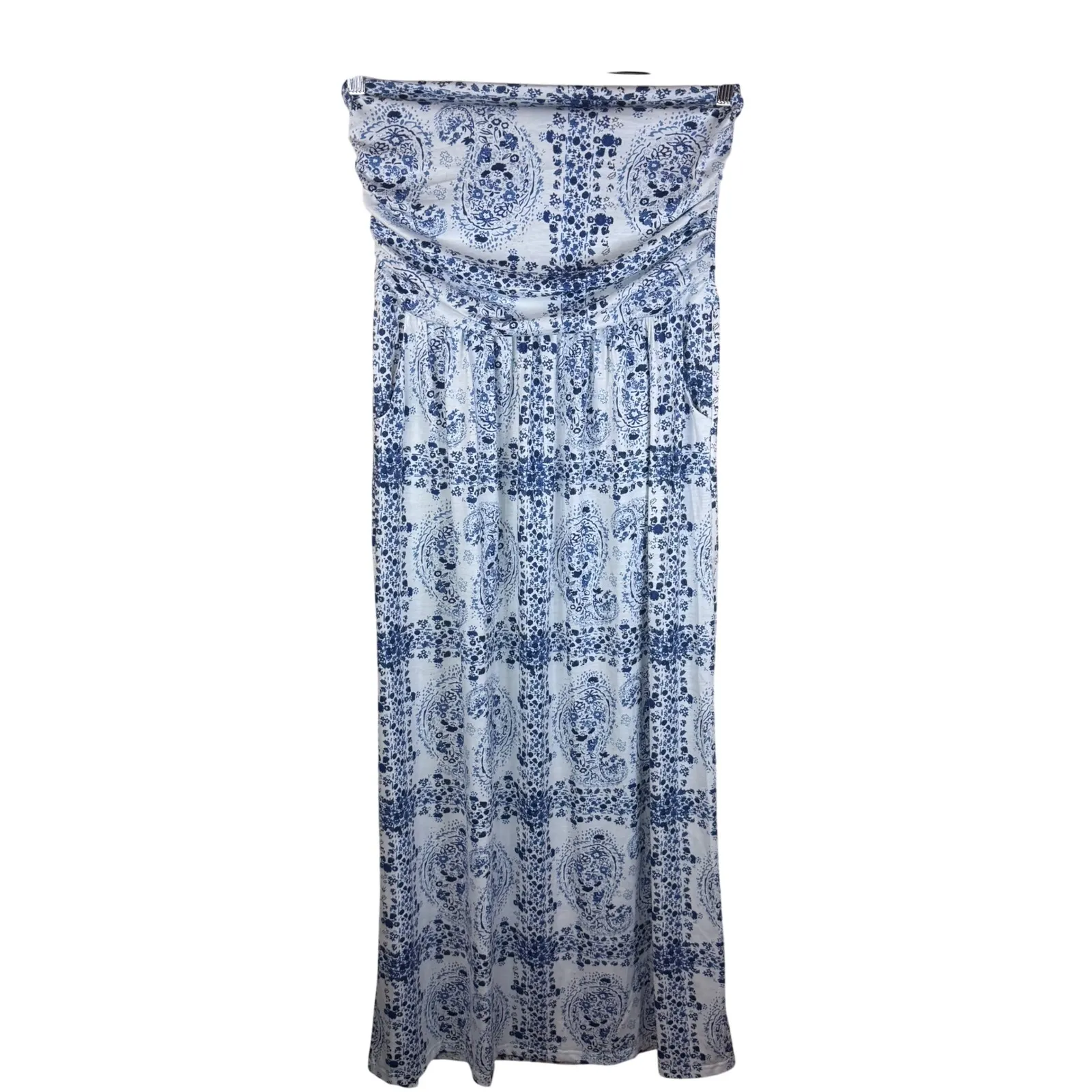 Grace Karin Vacation Ruched Paisley Print Strapless Maxi Dress Blue White Size L - Image 2