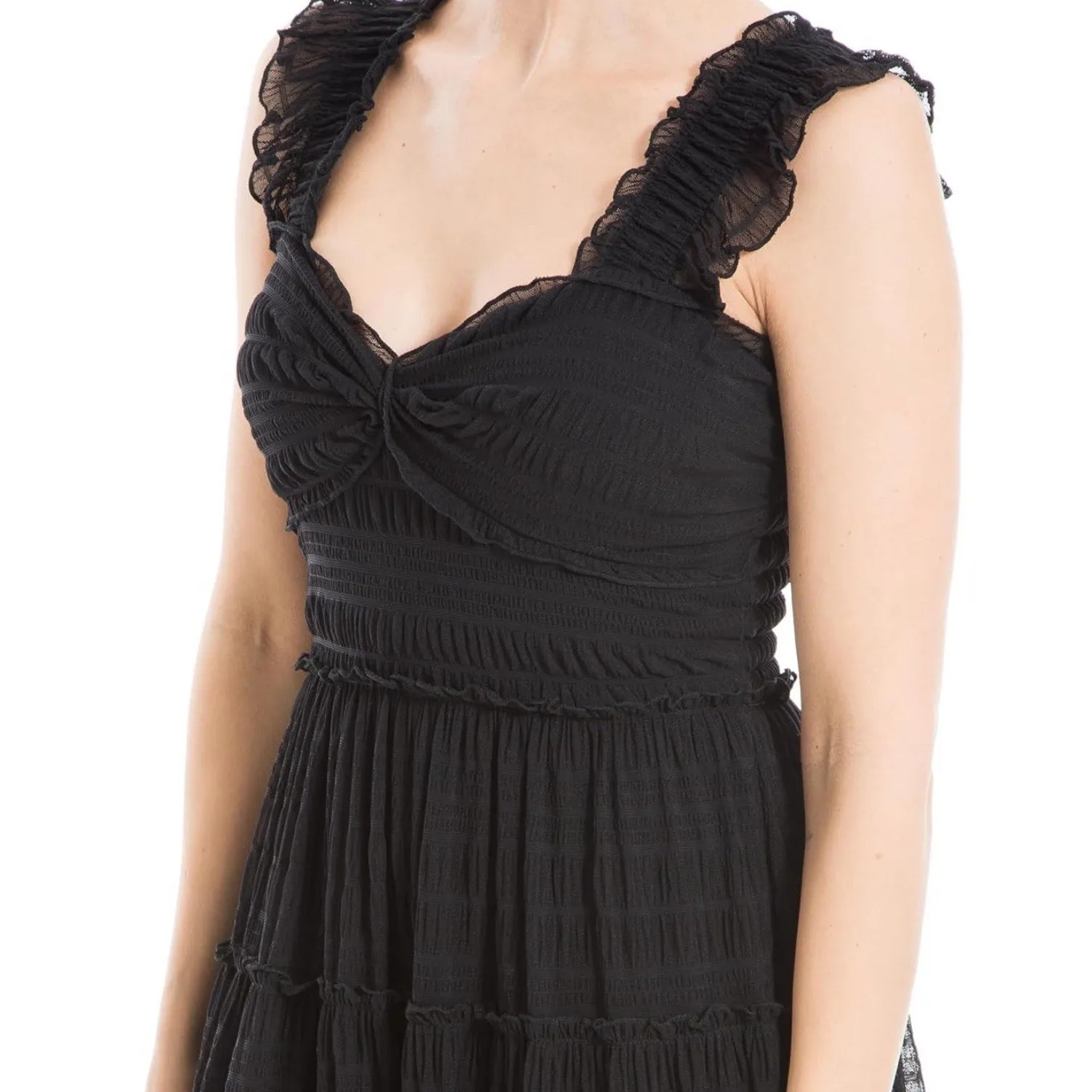 NWT Max Studio Mesh Ruffle Smocked Waist Stretchy Black Midi Dress Size M - Image 2