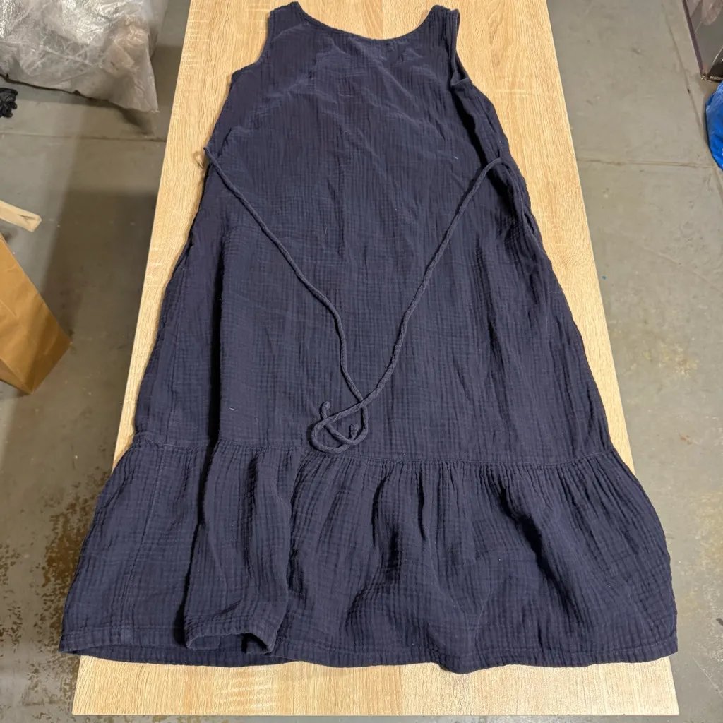 Uniqlo Navy Blue A-Line 100% cotton Gauze Tiered Sleeveless Dress Pockets XSmall - Image 4