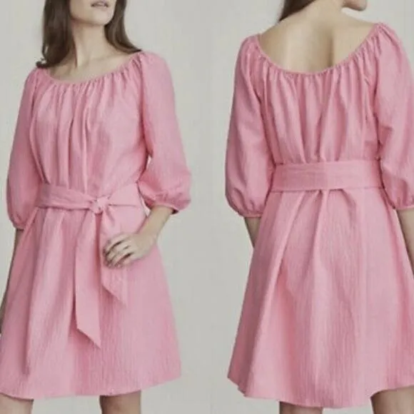 Elizabeth and James dress M pink puff balloon sleeves tie waist knee length - Image 2
