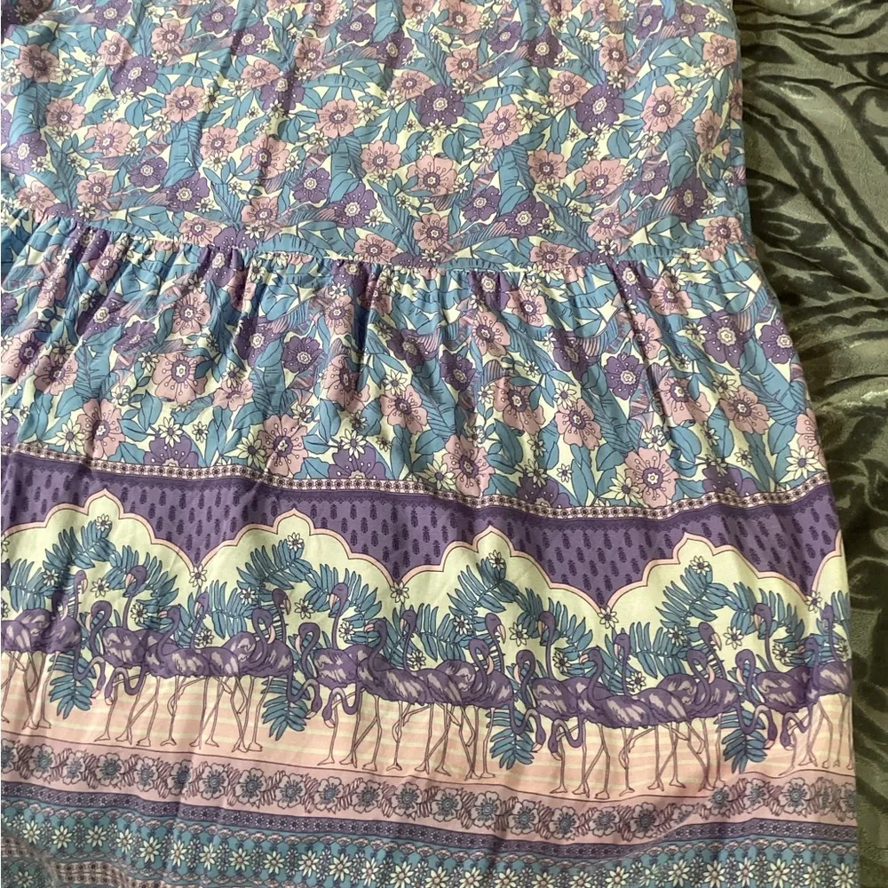 THML Purple Pink Square Neck Tropical Flamingo Floral Midi Dress Large - Image 10