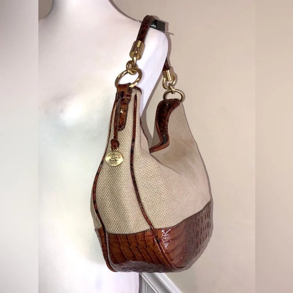 BRAHMIN Canvas and Warm Brown Crocodile Leather Shoulder Bag with Medallion - Image 3