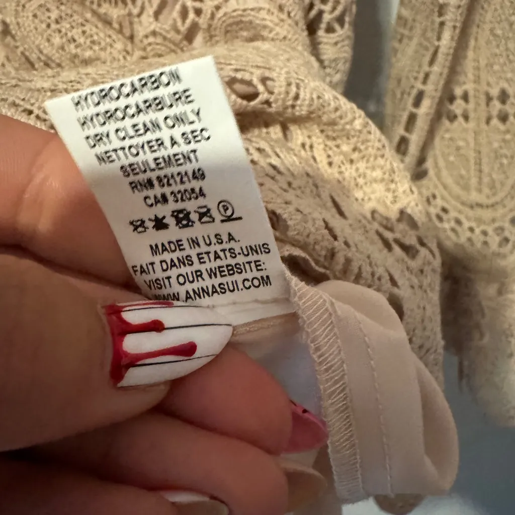 Anna Sui Rare Beige Lace Mock Neck lace overlay long sleeve mini dress size 4 - Image 7