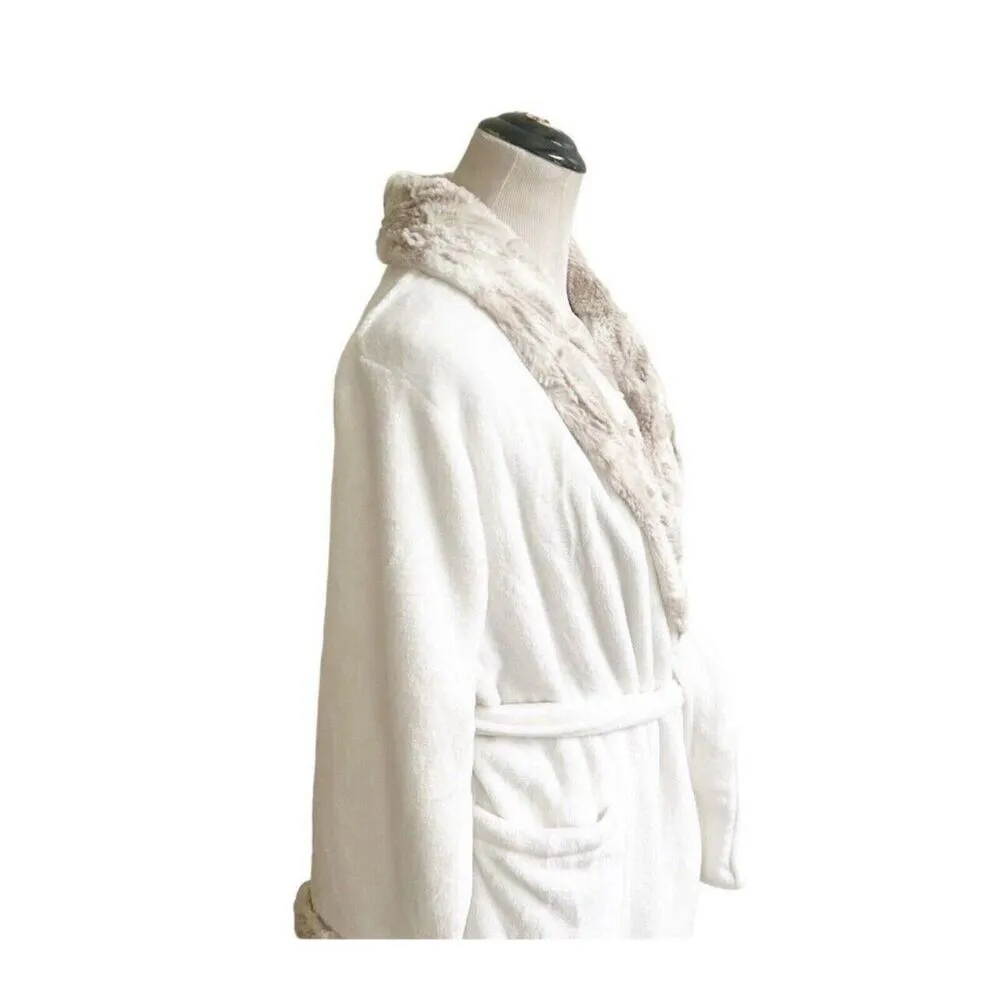 Carole Hochmann Plush Tie Wrap Robe M Ivory Tan Faux Fur Shawl Neck Pocket NWOT - Image 9