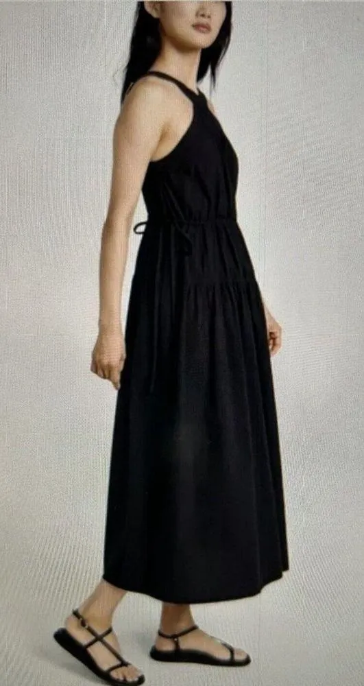 MADEWELL Halter Tiered Midi Lake Dress True Black Crinkle Cotton Poplin Size 00 - Image 3