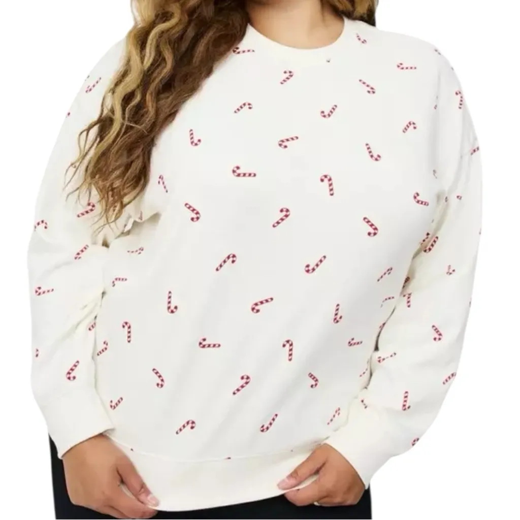 Size 2: Torrid Cozy Fleece Crew Drop Shoulder Candy Cane Sweatshirt - Image 3