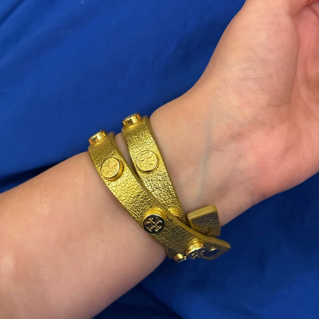 Tory Burch Gold Leather Wrap Around Stud Logo Bracelet - Image 2