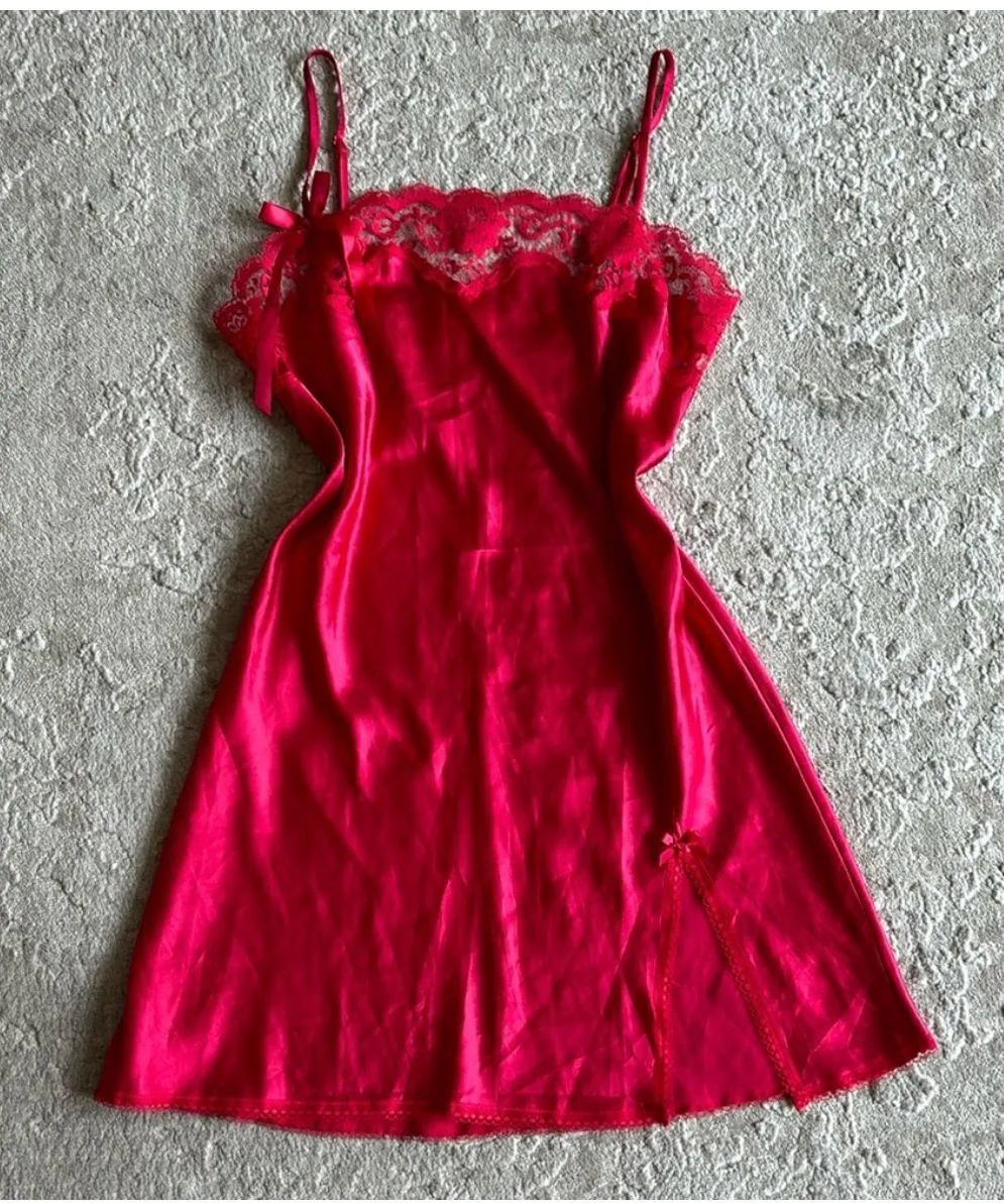 Y2k Victoria’s secret angels satin red lace trim slip chemise dress  - Image 2