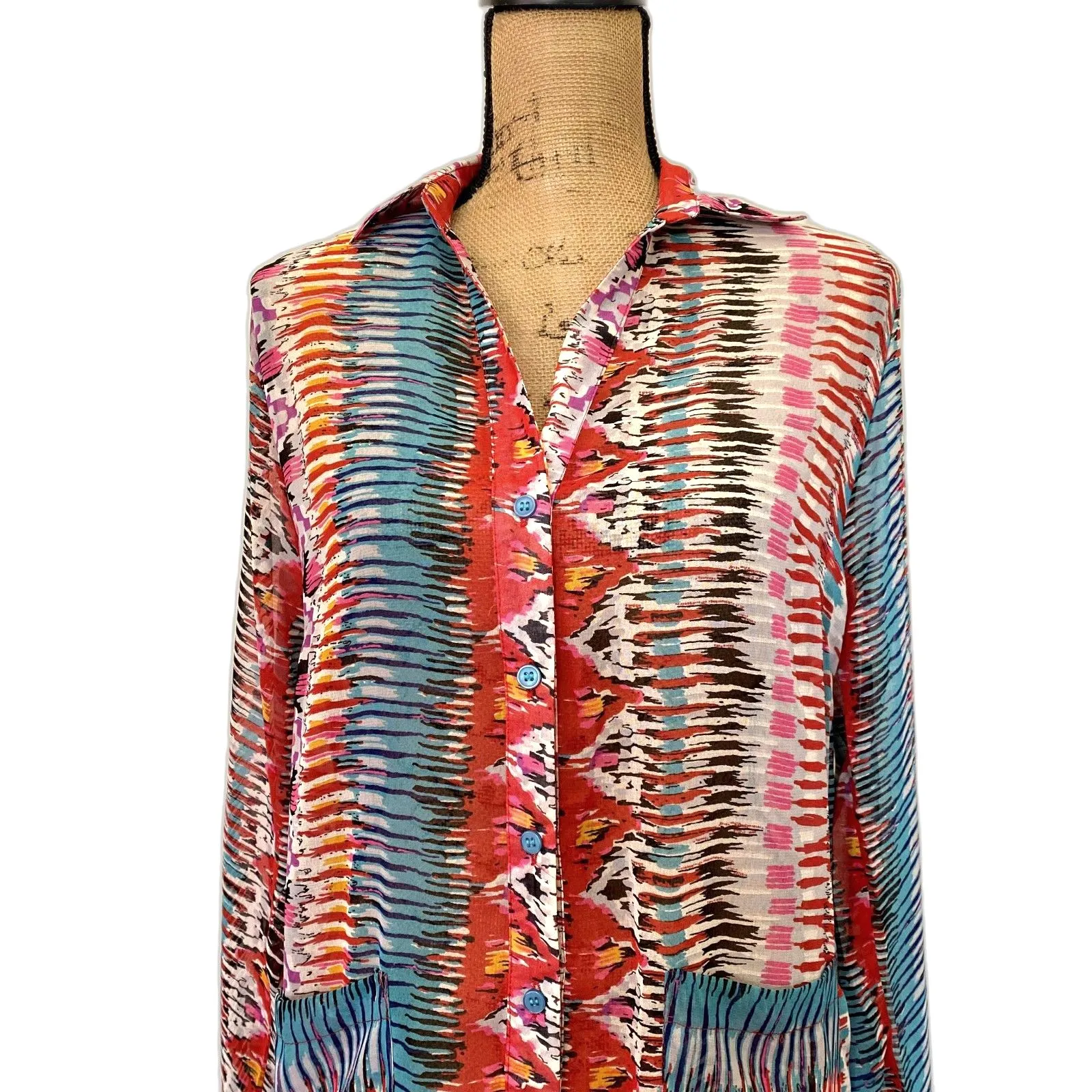 Turquoise Haven Swim Coverup Multicolor Abstract Printed Button Down Size S/M‎ - Image 2
