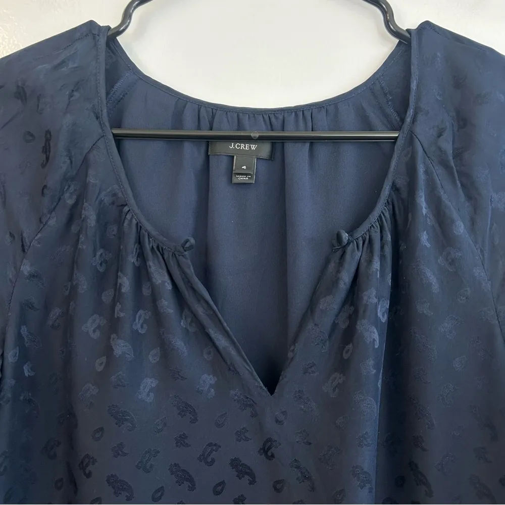 J. Crew 100% Silk  Tonal Paisley Dark Navy Blue Shift Mini Dress Size 4 - Image 3