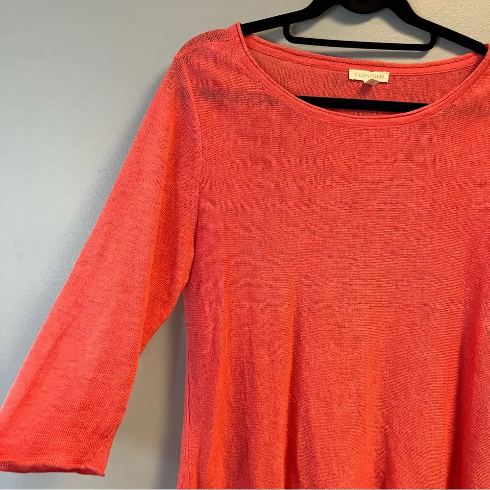 Eileen Fisher Top Coral Pink Lightweight 100% Linen Knit 3/4 Sleeves Sz L EUC - Image 2