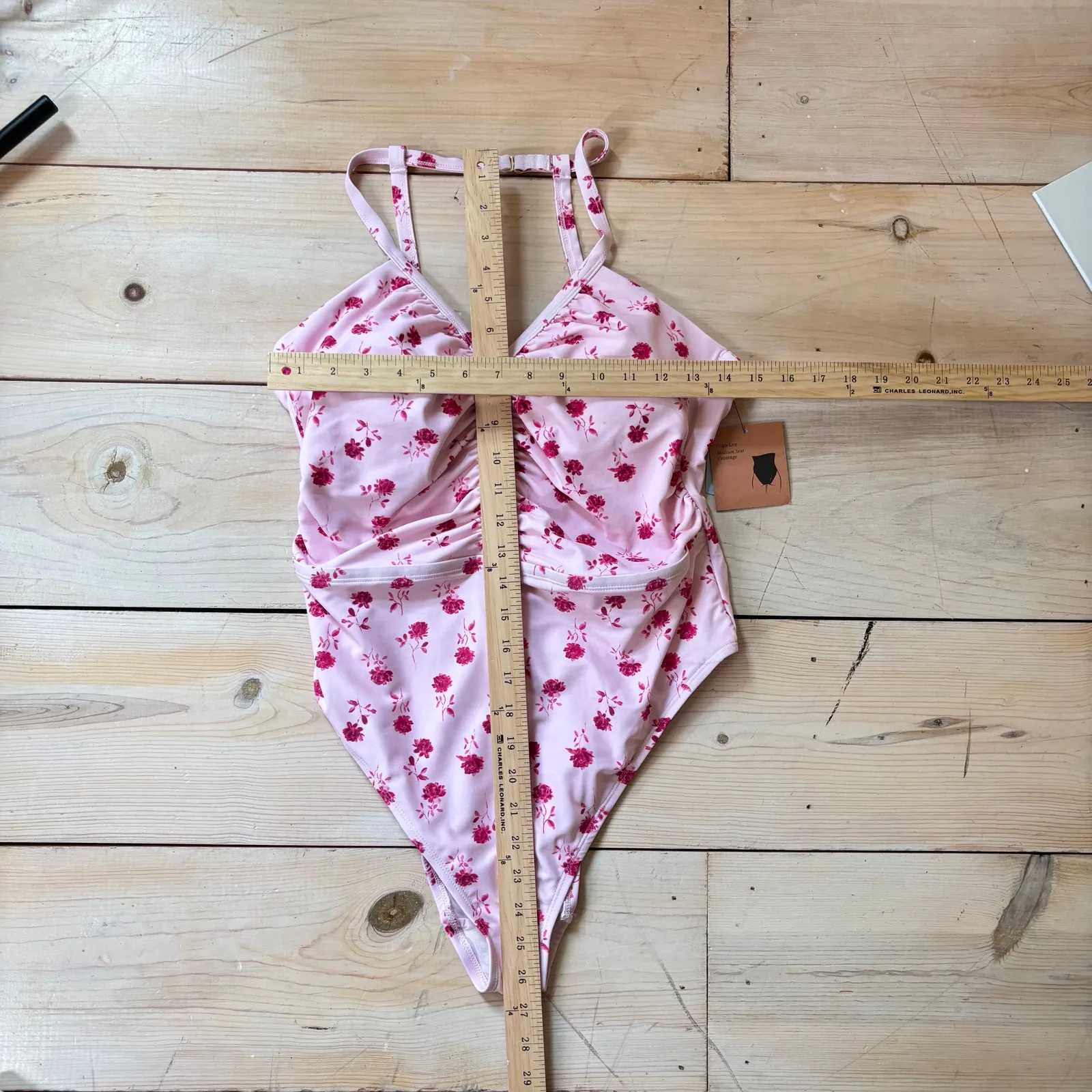 Shade & Shore NWT Women's Halter Shirred One Piece Swimsuit Pink Rose Print 16 - Image 11