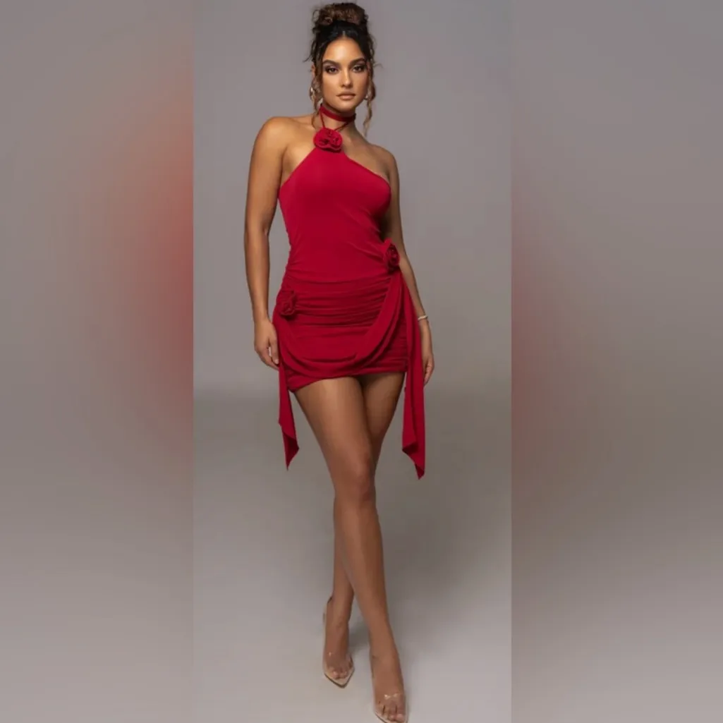 JLUXLABEL Burgundy‎ Tabitha Halter Rose Mini Dress Size XXL - Image 2