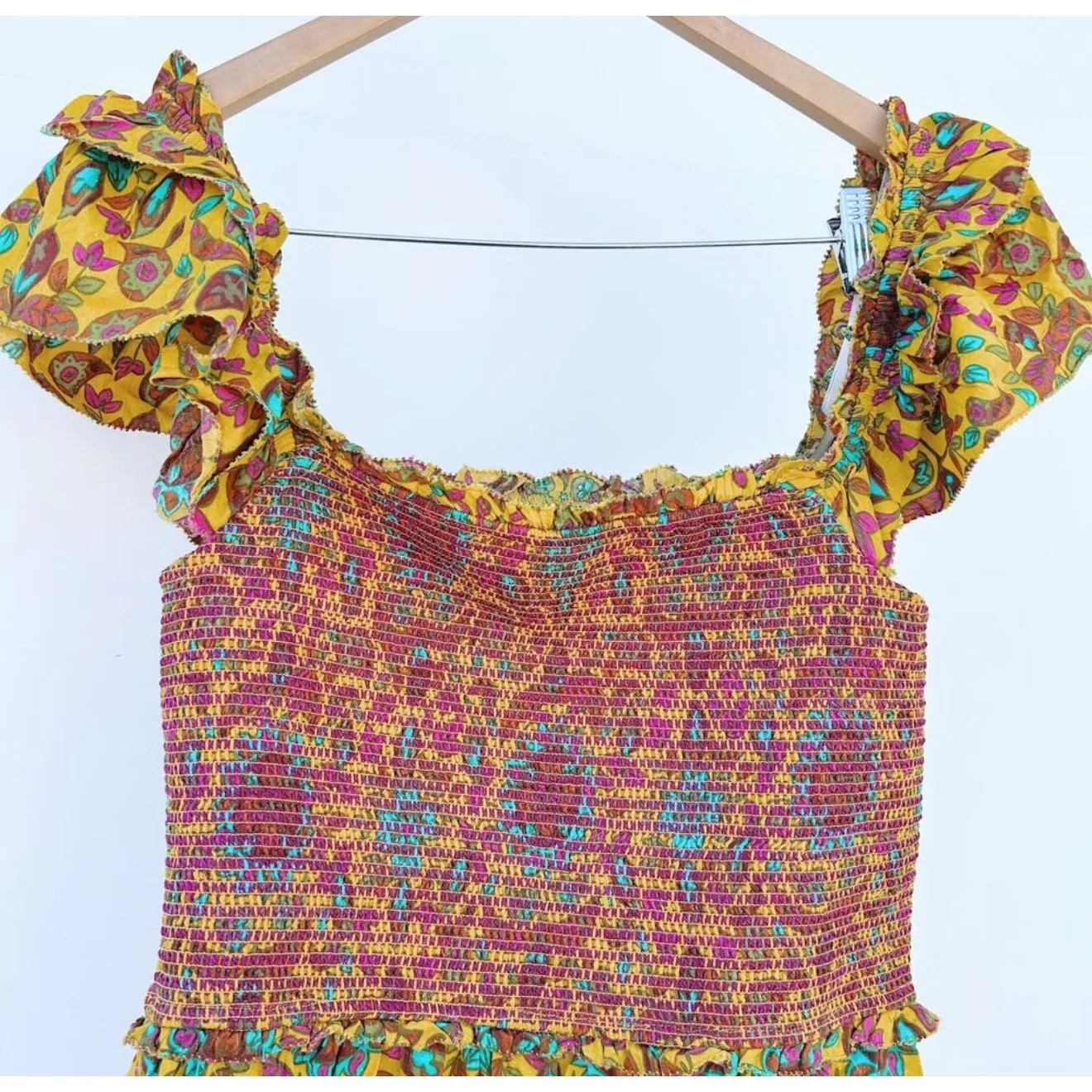 House Of Harlow 1960 Set Maxi Skirt‎ Smocked Tiered Ruffles Yellow Tropical Size M - Image 4