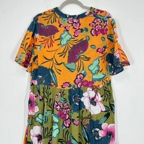Anthropologie Tiered Midi Dress Floral Print Orange Green Blue Boho Gauzy Resort - Image 11