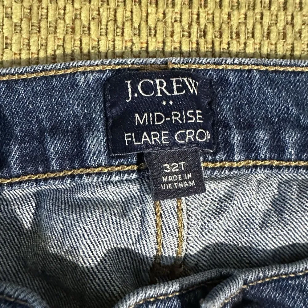 J Crew Mid Rise Flare Crop Jeans Button Fly Pockets Blue Denim Women’s Size 32T - Image 3