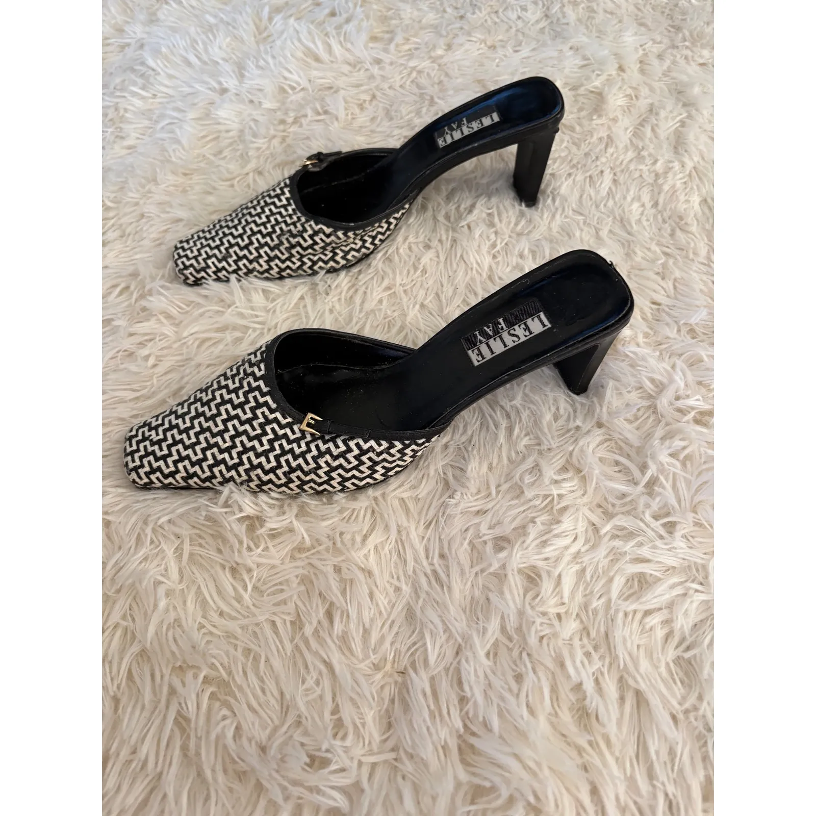 Leslie Fay Black and White Woven Mules Heels Square‎ Toe Retro 9 - Image 5