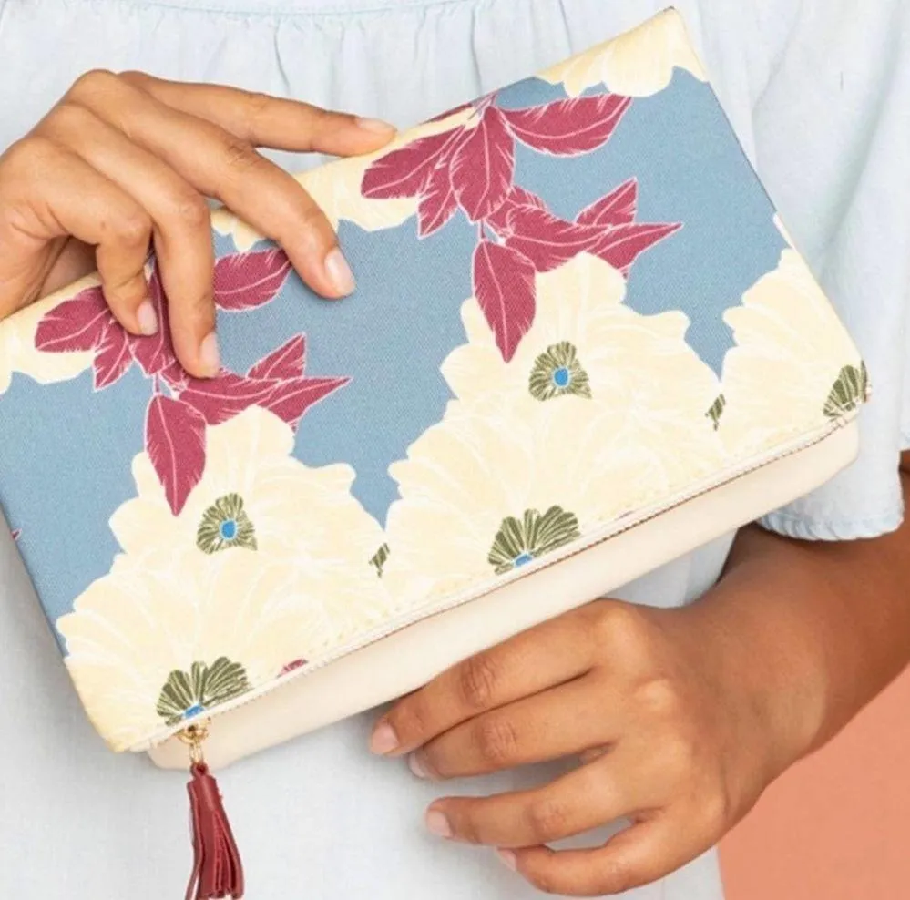 Rachel Pally Cream Blue Floral Vegan Fold Over Reversible Tassel Zip Clutch - Image 6