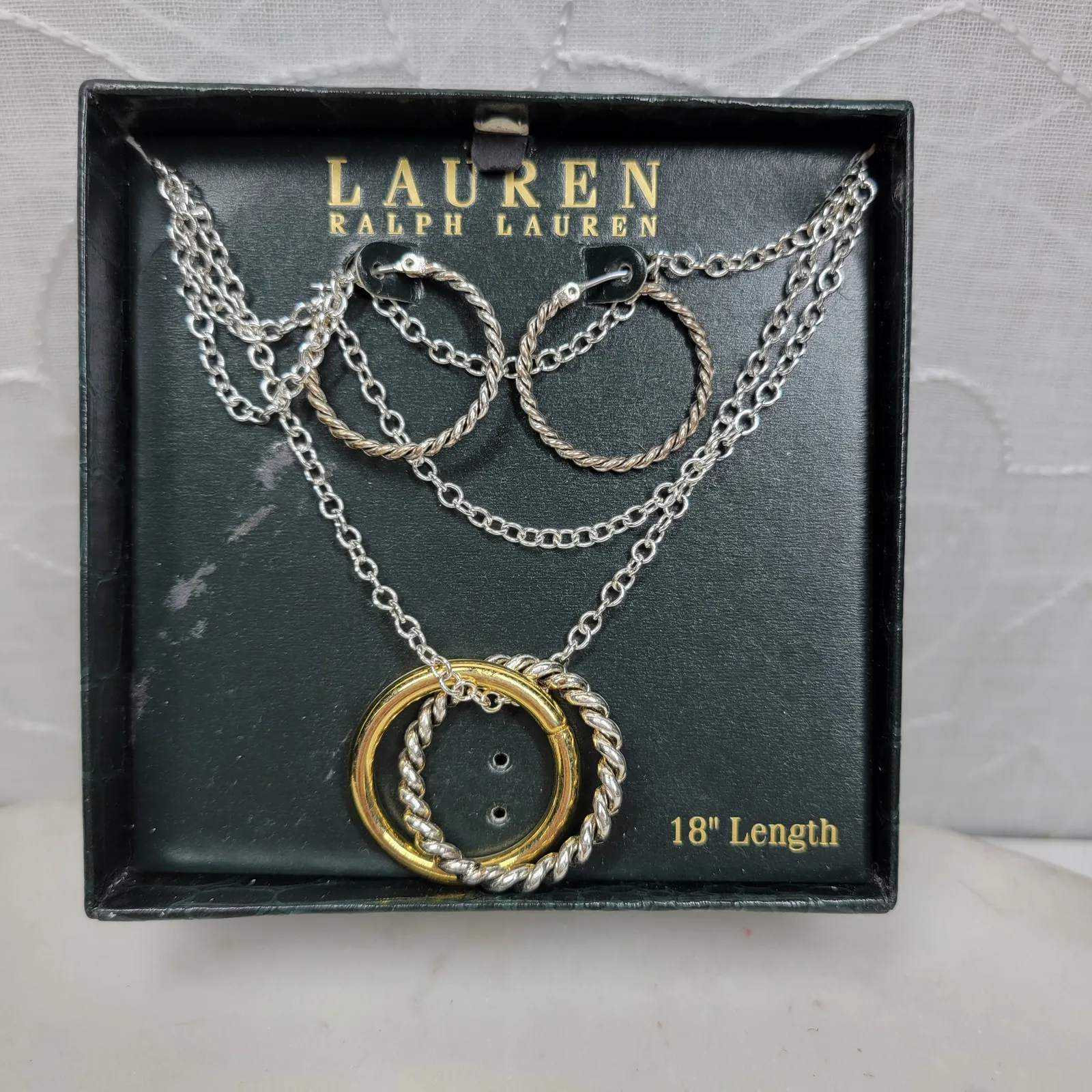 VTG Lauren Ralph Lauren Necklace & Hoop Earring Set NIB Silver Gold Tone 18" - Image 5