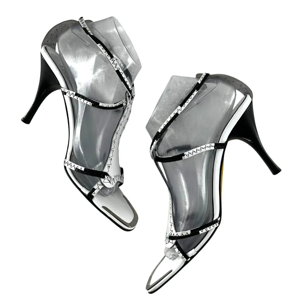 Stuart Weitzman Netta White and Black Leather Cut Out Sandals Heels Size 9 M - Image 4