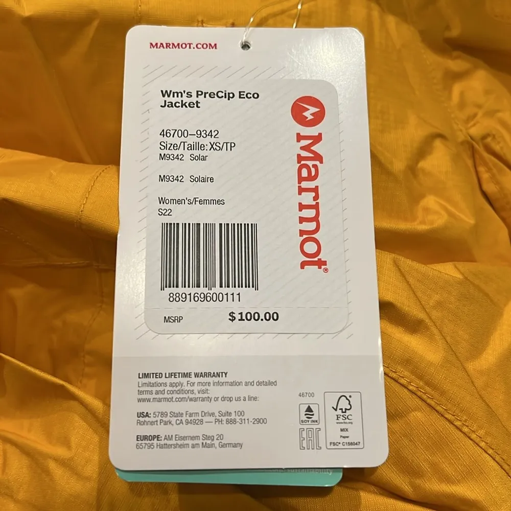 NWT Marmot PreCip Eco Jacket, Yellow Gold, Size XS New w/Tag Retail $100 - Image 8