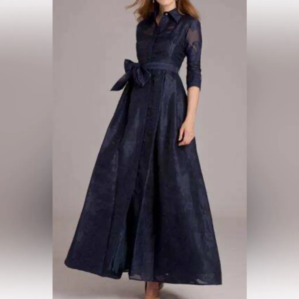 TERI JON Navy Blue Formal Shirtwaist Gown Organza Jacquard Modest Sleeves S 14 Size 12 - Image 2