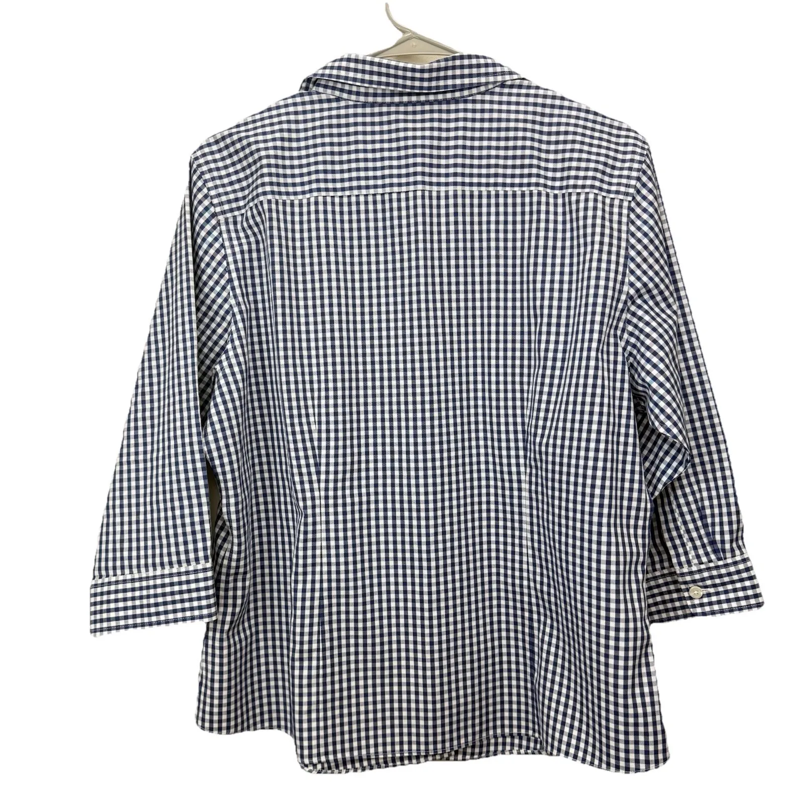 LL Bean Blue Gingham 3/4 Sleeve Wrinkle Free Pinpoint Oxford Shirt LARGE PETITE Size undefined - Image 6