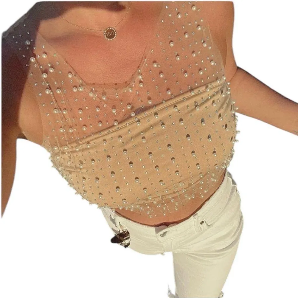 Love J Crewneck Sleveless Pearl & Rhinestone Sheer Ivory Mesh Crop Tank Top - Image 4